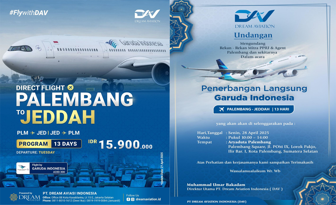 Smarts Umrah Buka Paket Umrah 13 Hari, Garuda Indonesia Buka Penerbangan Palembang-Jeddah