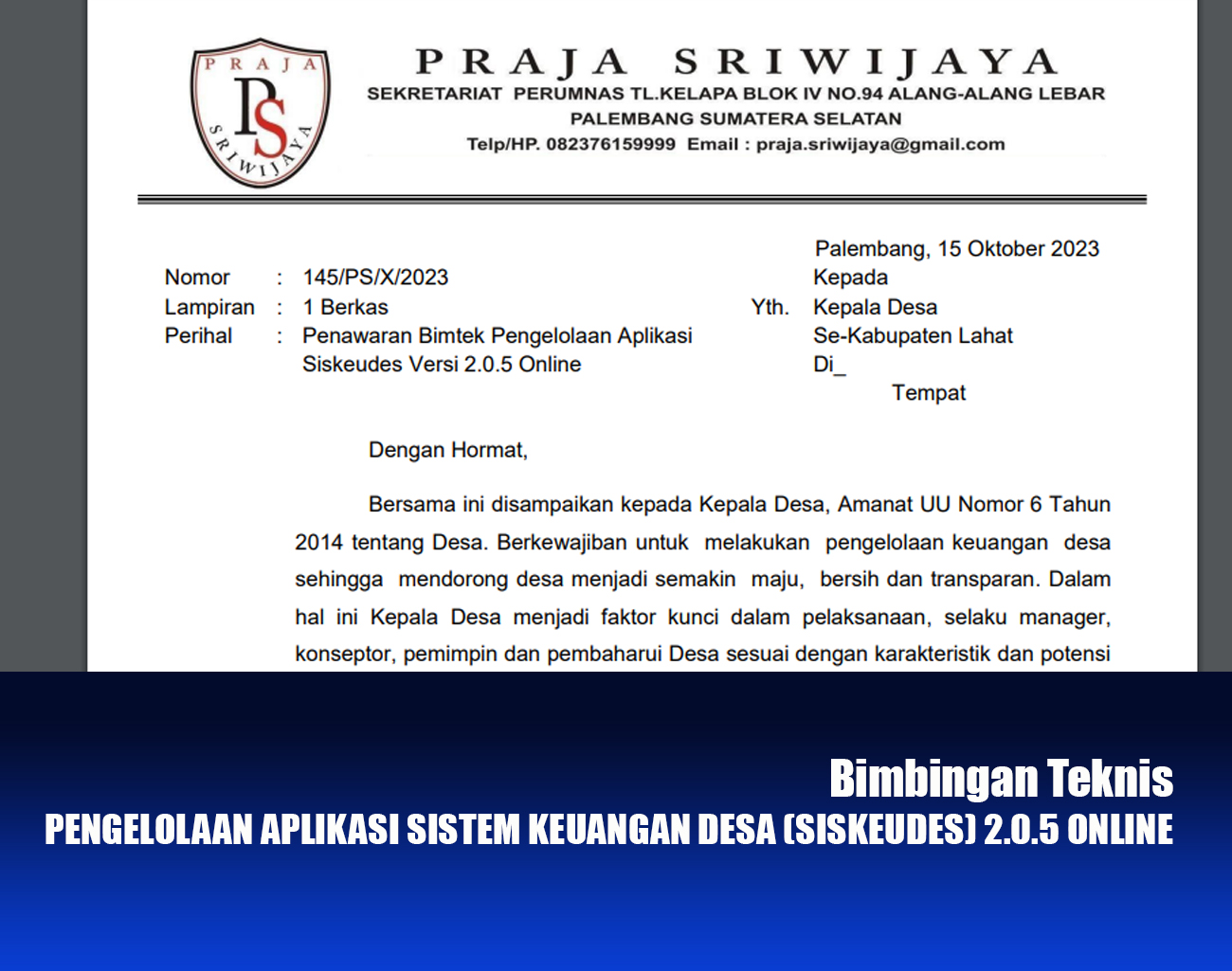 November 2023, Kepala Desa dan Operator akan Ikuti Bimtek Pengelolaan Siskeudes 2.0.5 Online di Bandung