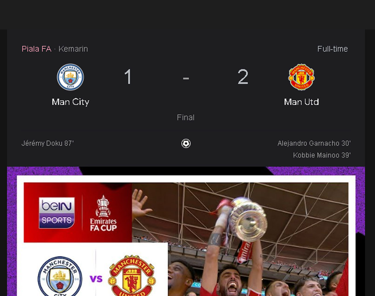 Inilah Statistik Final Piala FA Cup 2024 Inggris, Manchester United Kalahkan Manchester City 2-1, MU Juara