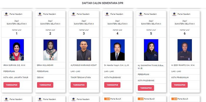 Partai Nasdem Daftar Calon Sementara (DCS) DPR RI Dapil Sumsel 2 