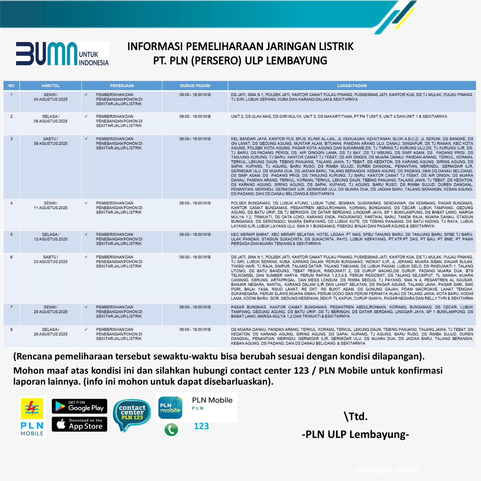 PLN ULP Lembayung UP3 Lahat Lakukan Pemeliharaaan Jaringan Listrik