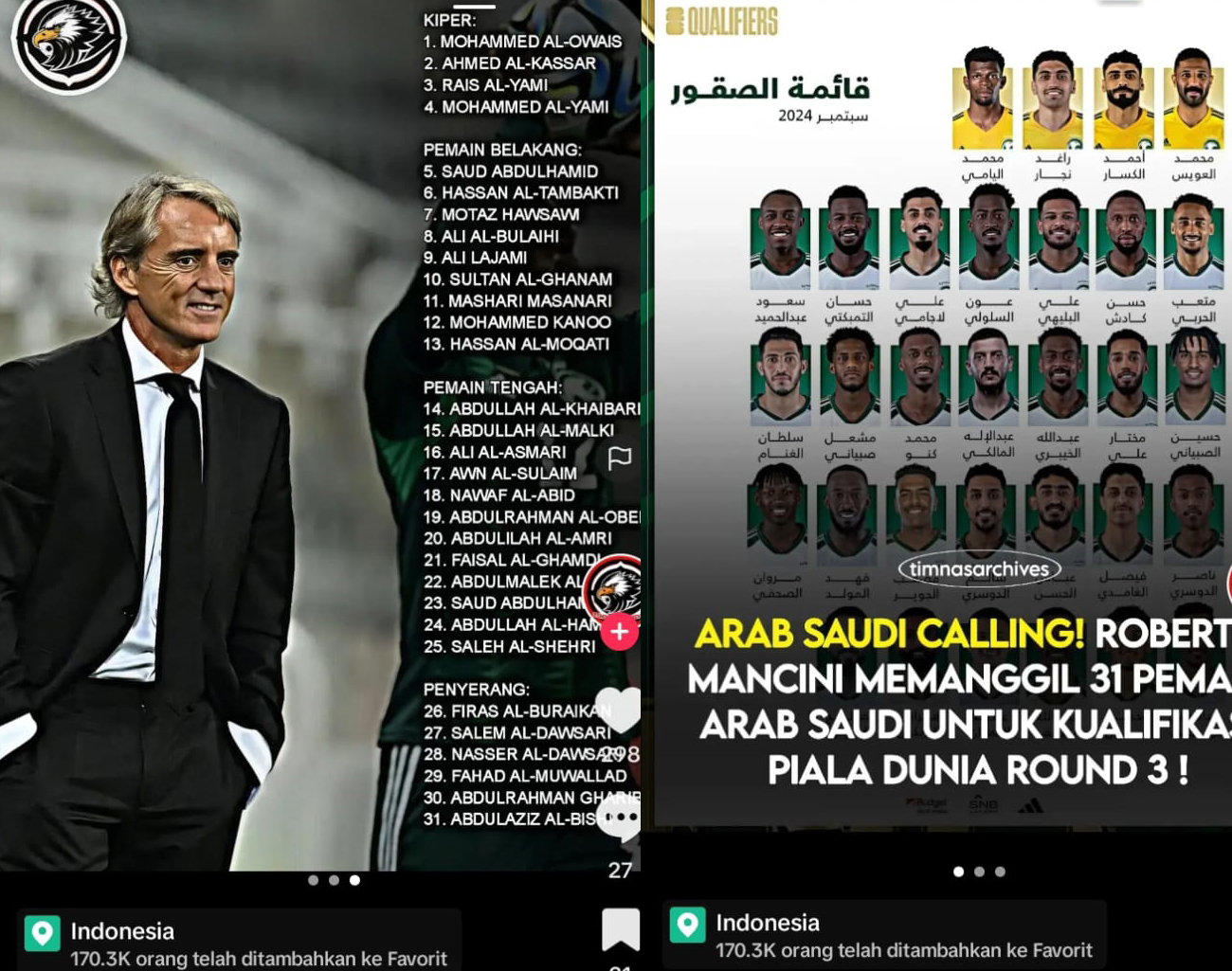 Roberto Mancini Panggil 31 Pemain, Arab Saudi-Indonesia, Kualifikasi Piala Dunia 2026