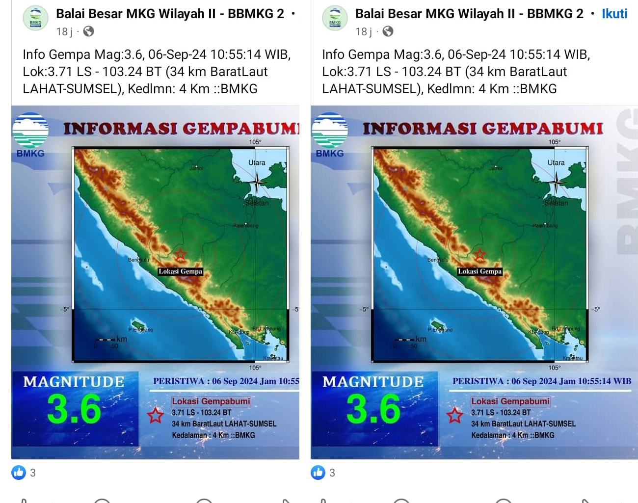 Lahat Tertimpa Gempa 3,6 SR, Warga Terkejut tapi Tidak Terasa