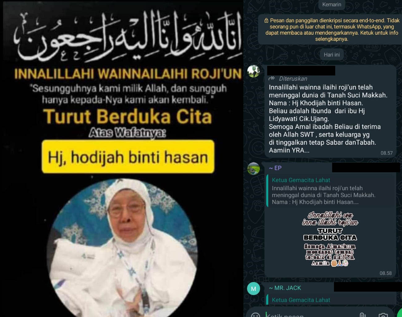 Kabar Duka, Hj Khodijah binti Hasan Meninggal di Makkah, Ibunda dari Calon Bupati Lahat Hj Lidyawati Cik Ujang