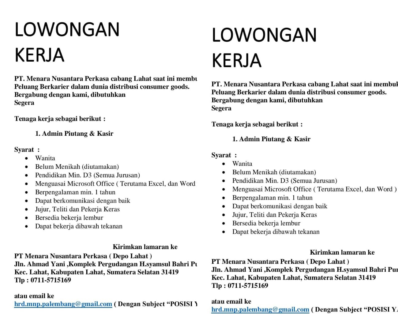 Ada Lowongan Kerja Terbaru, Siapa Tahu Berminat Lokasinya di Lahat