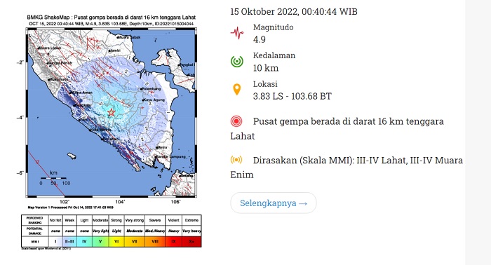 Pusat Gempa Berada di Tenggara Lahat Kekuatan 4.9, Bukan Muara Enim