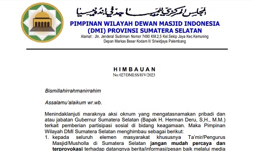 Nama Gubernur dan Walikota Palembang Dicatut Oknum untuk Bantuan Masjid