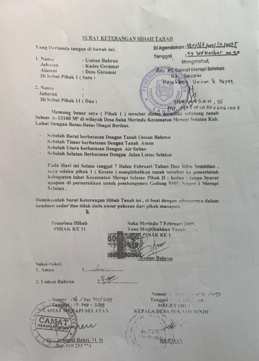 PENGUMUMAN KEHILANGAN SURAT TANAH HIBAH DARI USMAN BAHRUN KEPADA KECAMATAN MERAPI SELATAN