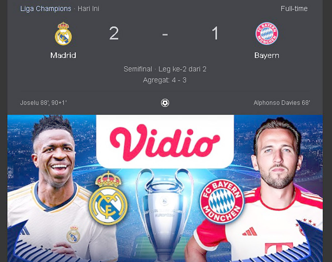 Real Madrid Menang Agregat 4-3 Lawan Bayern Munchen, Melaju Final Liga Champions UEFA