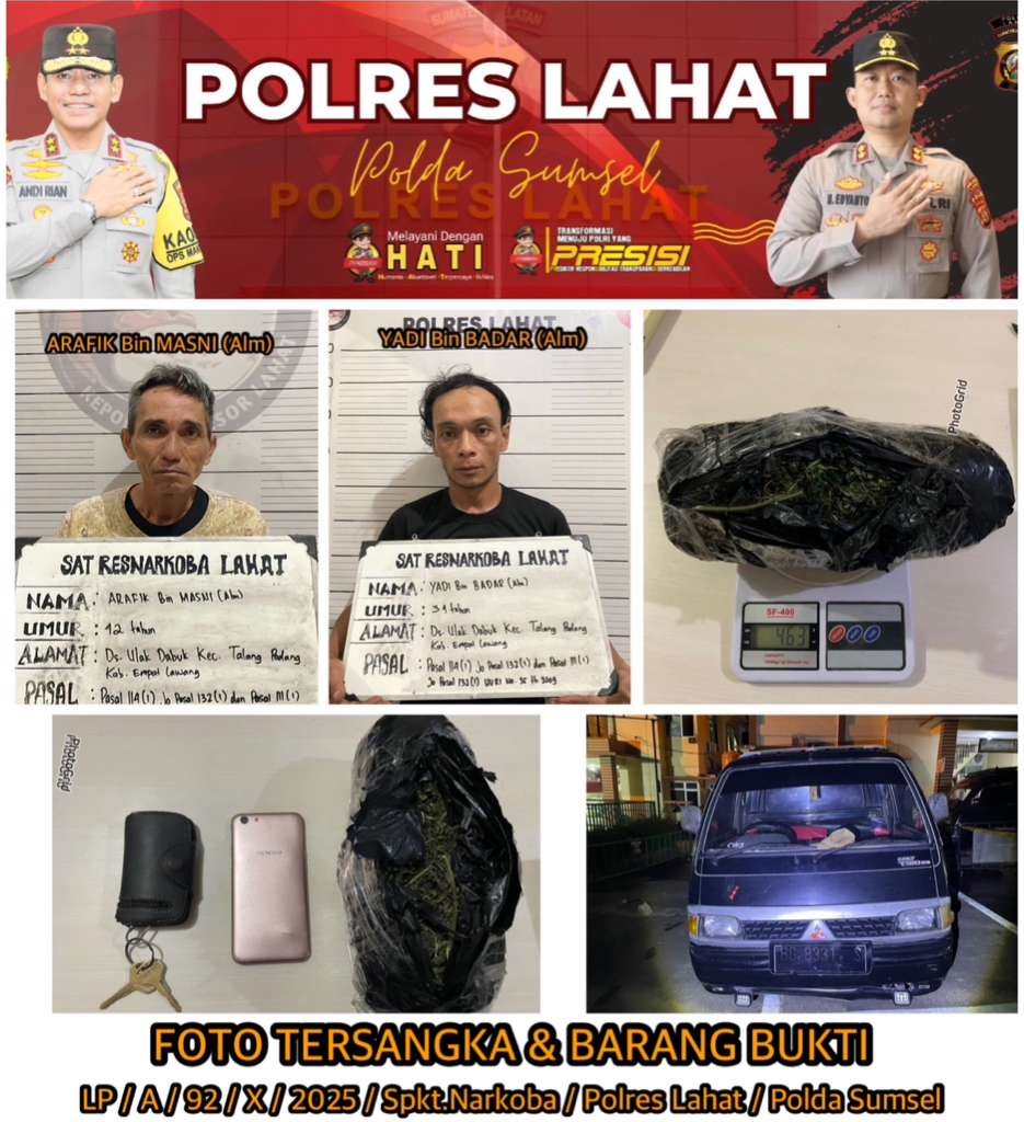 Bawa Ganja dari Empat Lawang, Satres Narkoba Polres Lahat Tangkap Dua Terduga Pengedar Narkoba