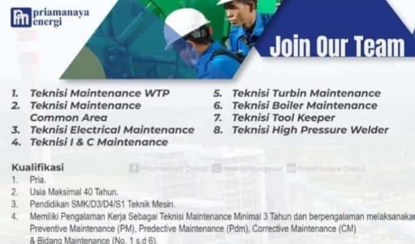 Lowongan Kerja Teknisi Besar besaran dari Priamanaya Energi untuk Penempatan di Lahat