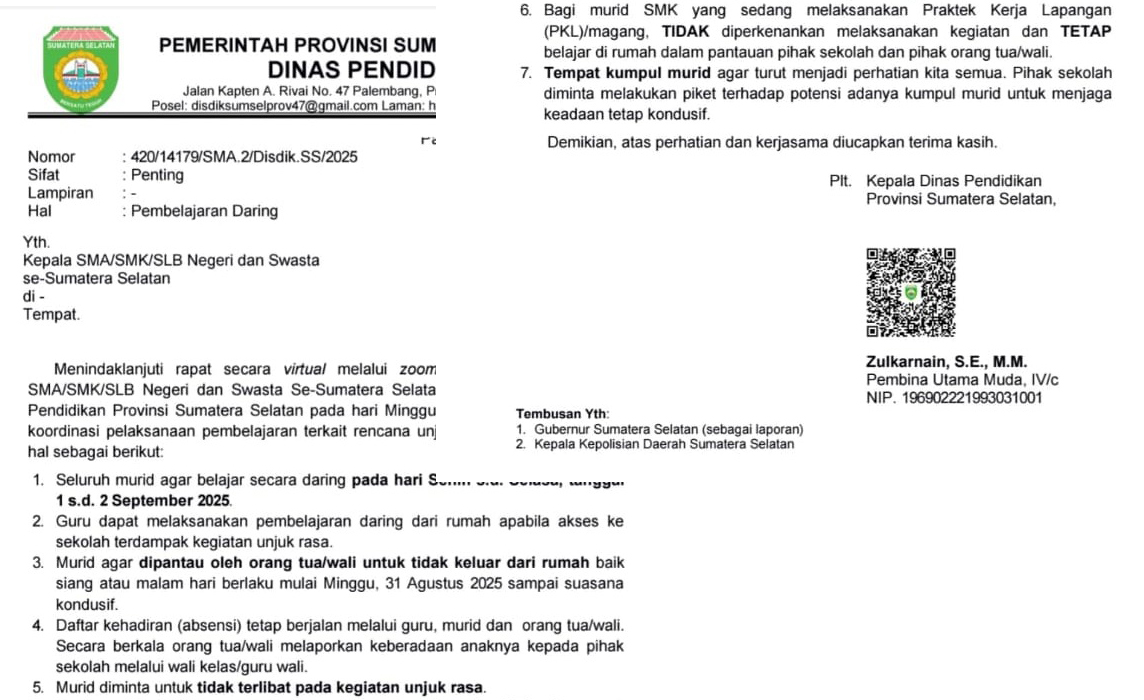 Larang Unjuk Rasa, Dinas Pendidikan Sumsel Liburkan Murid Masuk Sekolah, Belajar Daring dari Rumah