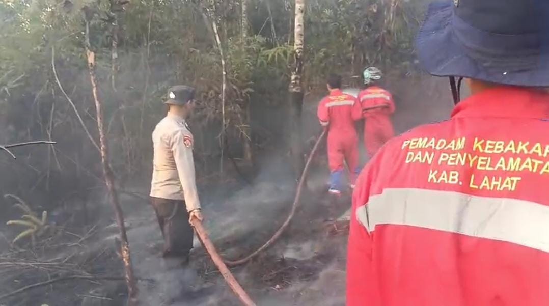 Lahan Semak Belukar Terbakar, Polsek Kota Agung Bersama Damkar Turun Tangan