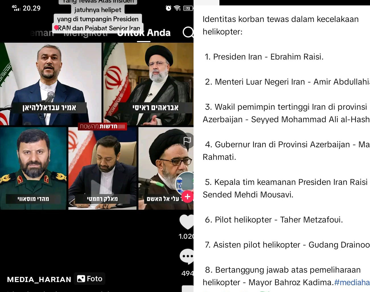 Daftar Lengkap Korban Tewas Helikopter Presiden Iran Ibrahim Raisy Kecelakaan