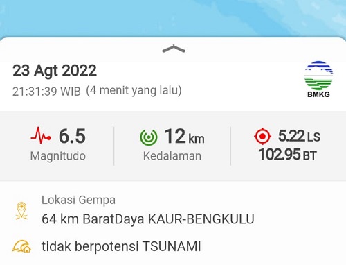 Gempa Kaur Bengkulu Dirasakan Sejumlah Daerah