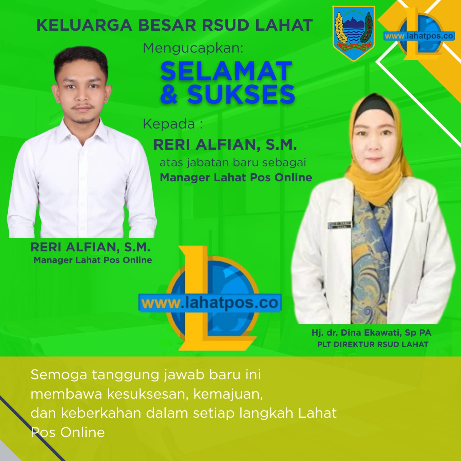 Keluarga Besar RSUD Lahat Ucapkan Selamat Atas Jabatan Baru Reri Sebagai Manager Lapos Online