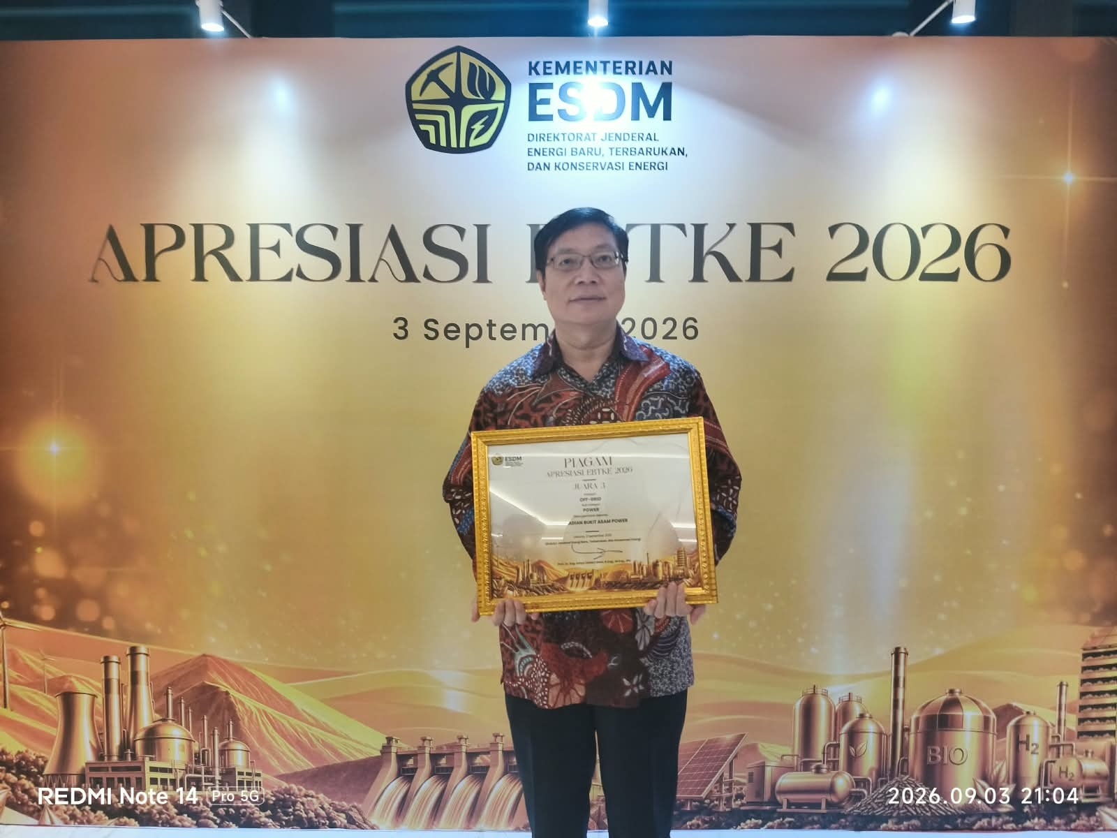 Anak Perusahaan PTBA, PT Huadian Bukit Asam Power (HBAP) Raih Juara 3 Apresiasi EBTKE 2026 dari Kemen ESDM