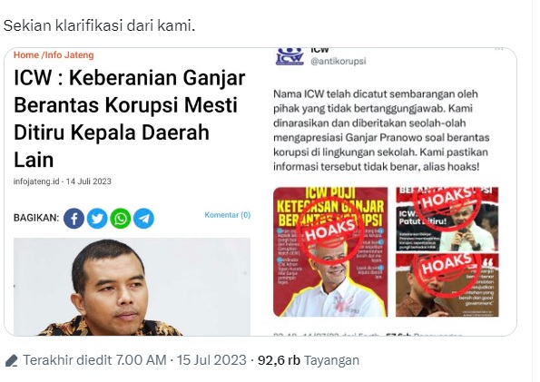 Ini Klarifikasi Berita ICW Puji Ketegasan Ganjar Berantas Korupsi, Tidak Hoax