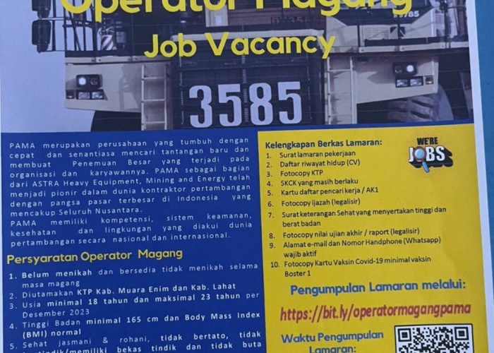 PT PAMA Buka Lowongan Posisi Operator Magang Lulusan SMA Sederajat di Lahat : Buka Sampai 30 November 2023
