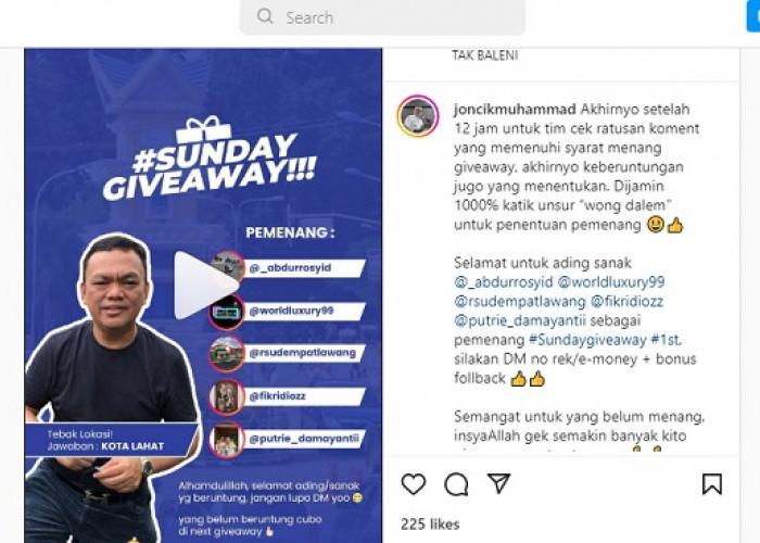 Bupati Empat Lawang Joncik Muhammad Berbagi Rejeki Uang 500 Ribu untuk 5 Orang, Pantau Instagram