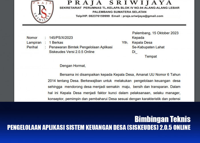 November 2023, Kepala Desa dan Operator akan Ikuti Bimtek Pengelolaan Siskeudes 2.0.5 Online di Bandung