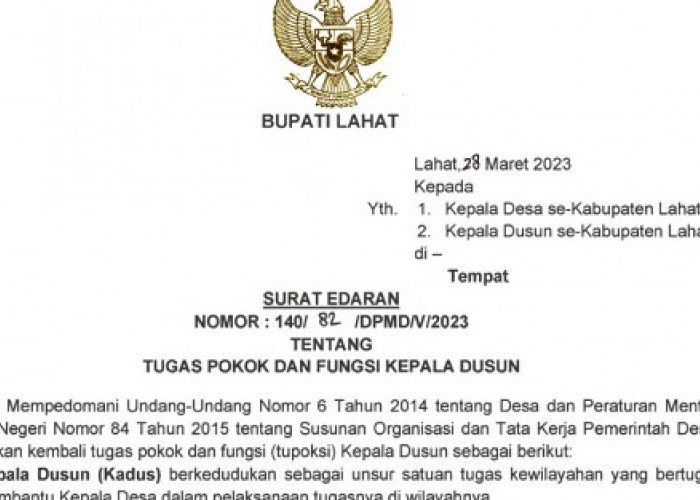Kepala Dusun Wajib Baca ini, Bupati Lahat Terbitkan Surat Edaran Tugas Kadus