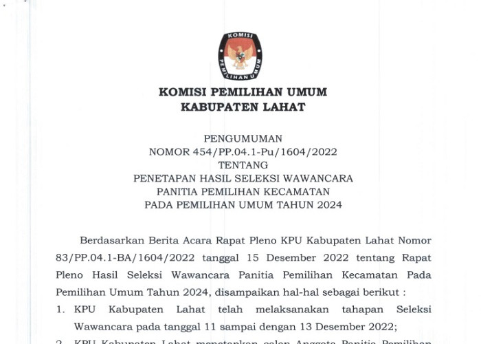 KPU Lahat Umumkan Penetapan Hasil Seleksi Wawancara PPK Pemilu 2024, Lihat Nama namanya
