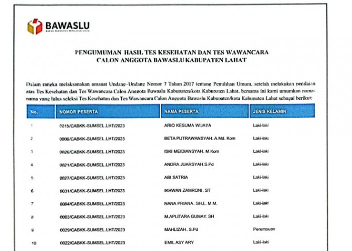 Ketua KPU Lahat Nana Priana Lolos Tes Calon Anggota Bawaslu