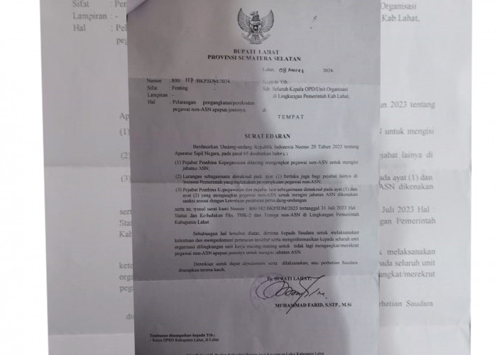 Pj Bupati Lahat Terbitkan Surat Edaran Pelarangan Pengangkatan Perekrutan Pegawai Non-ASN Apapun Jenisnya