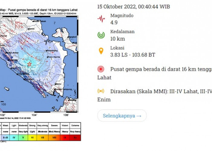 Pusat Gempa Berada di Tenggara Lahat Kekuatan 4.9, Bukan Muara Enim