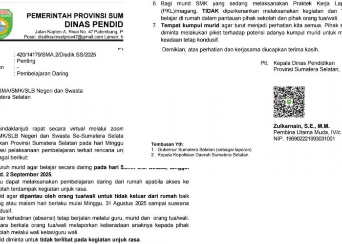 Larang Unjuk Rasa, Dinas Pendidikan Sumsel Liburkan Murid Masuk Sekolah, Belajar Daring dari Rumah