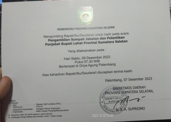 Pengambilan Sumpah Jabatan dan Pelantikan Pj Bupati Lahat dan Pj Ketua TP PKK di Griya Agung Palembang